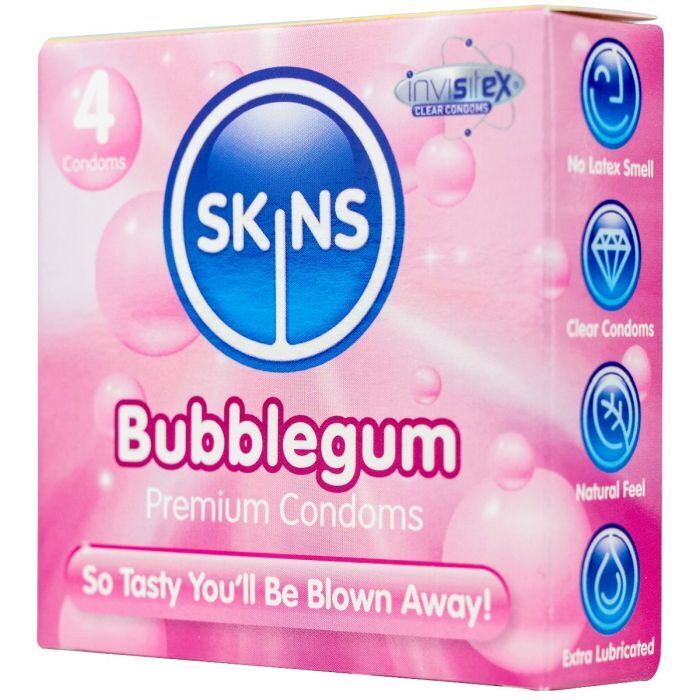 Skins Male Condoms Extra Lubricated Bubblegum Flavour 4 Pack