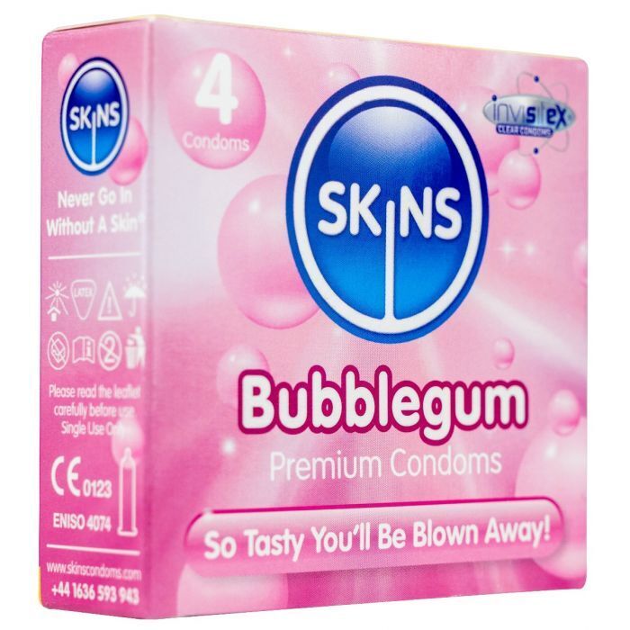 Skins Male Condoms Extra Lubricated Bubblegum Flavour 4 Pack